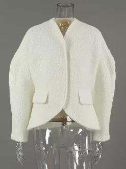 White Boucle Women's Short Jacket - Elegant V Neck Puff Sleeve Slim Fit Outerwear - French Chic Spring Outfits 2026