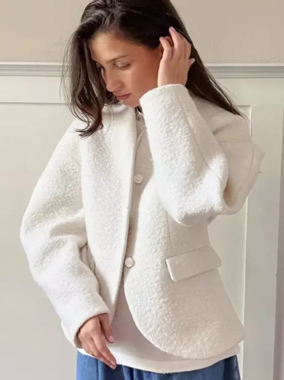 White Boucle Women's Short Jacket - Elegant V Neck Puff Sleeve Slim Fit Outerwear - French Chic Spring Outfits 2026