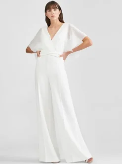 White Bridal Jumpsuit 2026 Floor-Length A-Line V-Neck Short Sleeves Wedding Jumpsuit Free Customization