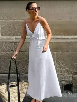 White 100% Cotton Women's Maxi Dress - Spaghetti Strap Ruched Bust Sundress - Sexy V-neck Ruffle Trim Beach Vacation Long Dress 2026