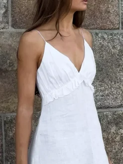 White 100% Cotton Women's Maxi Dress - Spaghetti Strap Ruched Bust Sundress - Sexy V-neck Ruffle Trim Beach Vacation Long Dress 2026