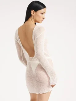 White Cover Ups Boatneck Low Back Long Sleeves Beach Swimming Suits