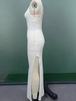White Crochet Maxi Dress for Women - Boho V Neck Sleeveless Side Slit Bodycon Knit Long Dress - Summer Beach Resort 2026
