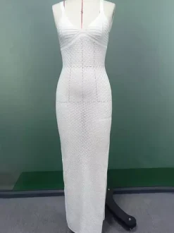 White Crochet Maxi Dress for Women - Boho V Neck Sleeveless Side Slit Bodycon Knit Long Dress - Summer Beach Resort 2026