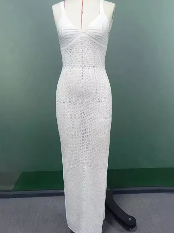 White Crochet Maxi Dress for Women - Boho V Neck Sleeveless Side Slit Bodycon Knit Long Dress - Summer Beach Resort 2026