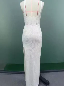 White Crochet Maxi Dress for Women - Boho V Neck Sleeveless Side Slit Bodycon Knit Long Dress - Summer Beach Resort 2026