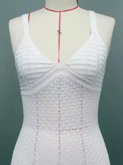 White Crochet Maxi Dress for Women - Boho V Neck Sleeveless Side Slit Bodycon Knit Long Dress - Summer Beach Resort 2026