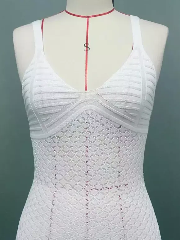 White Crochet Maxi Dress for Women - Boho V Neck Sleeveless Side Slit Bodycon Knit Long Dress - Summer Beach Resort 2026