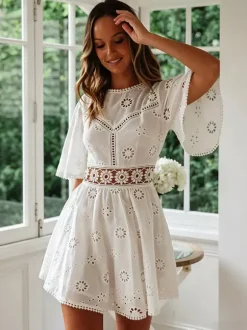 White Eyelet Backless Mini Dress For Women - Boho Flare Sleeve Fit And Flare Cotton Sundress - Summer Beach Vacation 2026