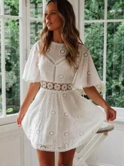 White Eyelet Backless Mini Dress For Women - Boho Flare Sleeve Fit And Flare Cotton Sundress - Summer Beach Vacation 2026