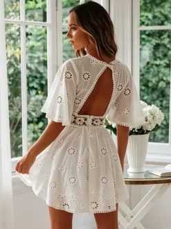 White Eyelet Backless Mini Dress For Women - Boho Flare Sleeve Fit And Flare Cotton Sundress - Summer Beach Vacation 2026