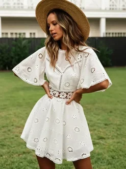 White Eyelet Backless Mini Dress For Women - Boho Flare Sleeve Fit And Flare Cotton Sundress - Summer Beach Vacation 2026