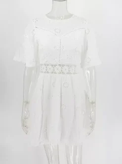 White Eyelet Backless Mini Dress For Women - Boho Flare Sleeve Fit And Flare Cotton Sundress - Summer Beach Vacation 2026