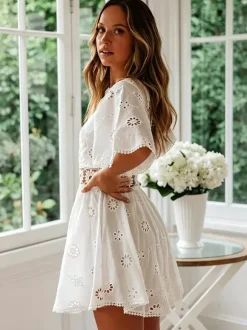 White Eyelet Backless Mini Dress For Women - Boho Flare Sleeve Fit And Flare Cotton Sundress - Summer Beach Vacation 2026