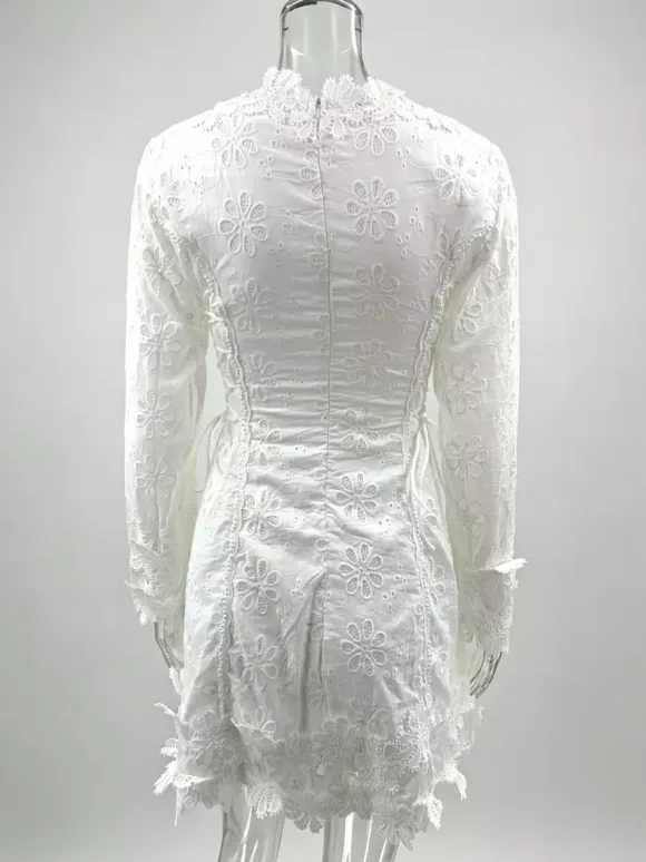 White Eyelet Lace Mini Dress For Women - Boho V Neck Long Sleeve Side Lace-up Fit And Flare Dress - Spring Resort 2026
