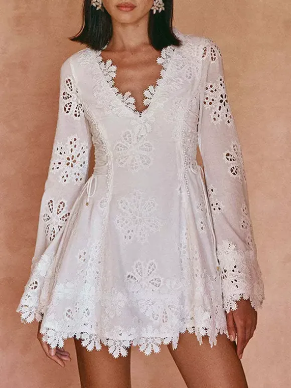 White Eyelet Lace Mini Dress For Women - Boho V Neck Long Sleeve Side Lace-up Fit And Flare Dress - Spring Resort 2026