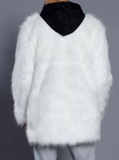 White Faux Fur Coat Men's V Neck Long Sleeve Regular Fit Long Coat