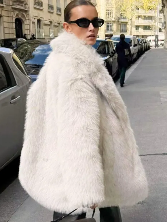 White Faux Fur Midi Coat Notched Lapel Winter Eco-friendly Long Jacket For Women 2026