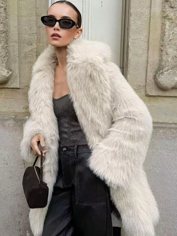 White Faux Fur Midi Coat Notched Lapel Winter Eco-friendly Long Jacket For Women 2026