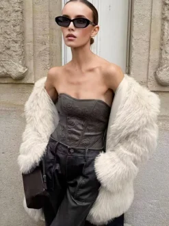 White Faux Fur Midi Coat Notched Lapel Winter Eco-friendly Long Jacket For Women 2026