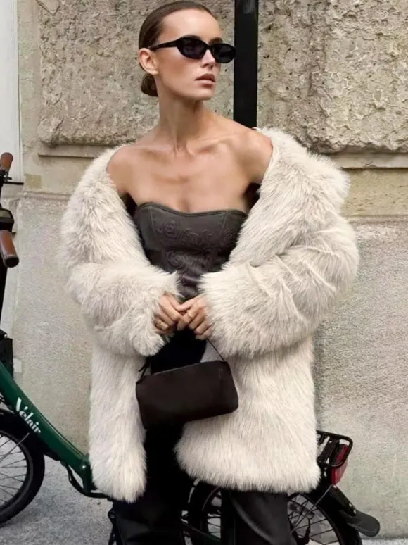 White Faux Fur Midi Coat Notched Lapel Winter Eco-friendly Long Jacket For Women 2026