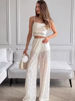 White Floral Lace Two Piece Outfit Spaghetti Strap Crop Top Sheer Wide Leg Pants Sets