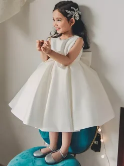 White Flower Girl Dresses Ivory Satin Fabric Sleeveless Jewel Neck Flower Girl Dresses