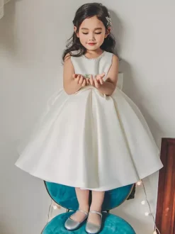 White Flower Girl Dresses Ivory Satin Fabric Sleeveless Jewel Neck Flower Girl Dresses