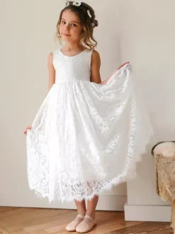 White Flower Girl Dresses Ivory Tulle Sleeveless Jewel Neck Flower Girl Dresses