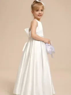 White Flower Girl Dresses Ivory Satin Fabric Sleeveless V-Neck Flower Girl Dresses