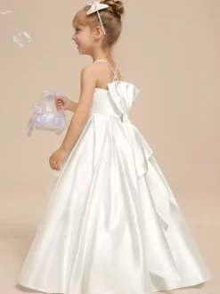 White Flower Girl Dresses Ivory Satin Fabric Sleeveless V-Neck Flower Girl Dresses
