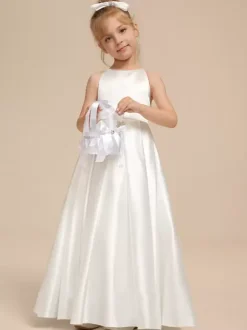 White Flower Girl Dresses Ivory Satin Fabric Sleeveless V-Neck Flower Girl Dresses