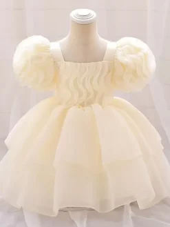 White Flower Girl Dresses Special Occasion Dresses Light Pink Tulle Short Sleeves Square Neck Flower Girl Dresses