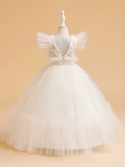White Flower Girl Dresses Special Occasion Dresses White Tulle Short Sleeves Jewel Neck Flower Girl Dresses