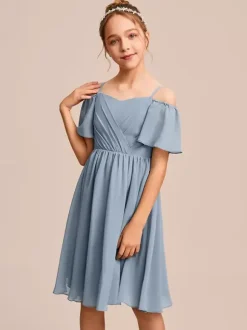 White Flower Girl Dresses Special Occasion Dresses Blue Chiffon Short Sleeves Bateau Neck Flower Girl Dresses