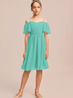 White Flower Girl Dresses Special Occasion Dresses Blue Chiffon Short Sleeves Bateau Neck Flower Girl Dresses