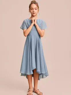 White Flower Girl Dresses Special Occasion Dresses Blue Chiffon Short Sleeves Jewel Neck Flower Girl Dresses