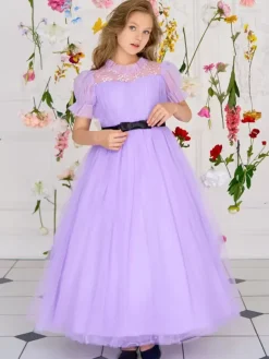 White Flower Girl Dresses Special Occasion Dresses Purple Tulle Short Sleeves Jewel Neck Flower Girl Dresses