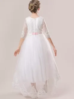 White Flower Girl Dresses White Tulle Half Sleeves Jewel Neck Flower Girl Dresses