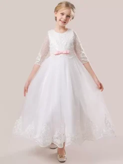 White Flower Girl Dresses White Tulle Half Sleeves Jewel Neck Flower Girl Dresses