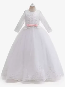 White Flower Girl Dresses White Tulle Half Sleeves Jewel Neck Flower Girl Dresses