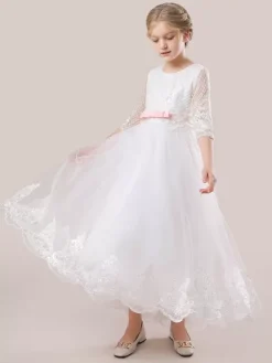 White Flower Girl Dresses White Tulle Half Sleeves Jewel Neck Flower Girl Dresses