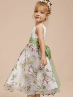 White Flower Girl Dresses White Satin Fabric Sleeveless Jewel Neck Flower Girl Dresses