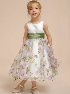 White Flower Girl Dresses White Satin Fabric Sleeveless Jewel Neck Flower Girl Dresses