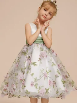 White Flower Girl Dresses White Satin Fabric Sleeveless Jewel Neck Flower Girl Dresses