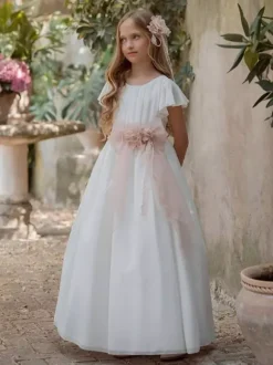 White Flower Girl Dresses White Chiffon Short Sleeves Jewel Neck Flower Girl Dresses