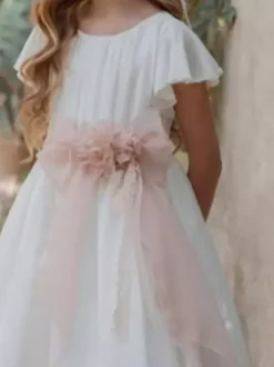 White Flower Girl Dresses White Chiffon Short Sleeves Jewel Neck Flower Girl Dresses