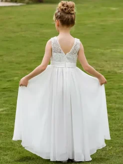White Flower Girl Dresses White Lace Sleeveless Jewel Neck Flower Girl Dresses