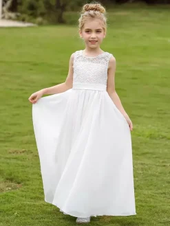 White Flower Girl Dresses White Lace Sleeveless Jewel Neck Flower Girl Dresses