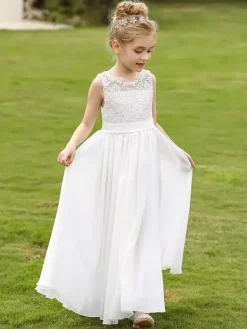 White Flower Girl Dresses White Lace Sleeveless Jewel Neck Flower Girl Dresses